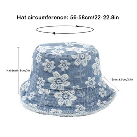 Unisex Vintage Floral Embroidery Denim Bucket Hat Sun Protection Breathable Sun Hat Fisherman Cap for Outdoor Summer Beach Vacation