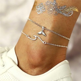 Bohemian Layered Fish Tail Anklets Fish Tail Ankle Bracelet Figure Eight Eternal Anklets Chain Bracelets Fish Tail Dangle Foot Chain Bracelets Summer Beach Foot Chain Jewelry for Girls G (Silver)