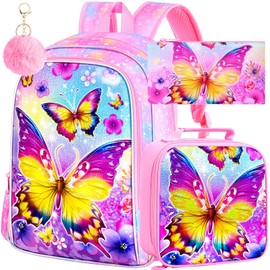 3PCS Butterfly Backpack for Girls, 16'' Kids Preschool Bookbag with Lunch Box, Cute Animal Water ResistantSchool Bag Set for Elementary Kindergarten Travel