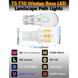 3Watt T5 T10 Wedge Base LED Bulb Equivalent to 7W 11W 18W 25W 30W Halogen, 12-24V 300LM 2700K Warm for Interior RV Camper Marine Boat Yacht Motorhome Lighting Landscape Pathway Lighting,5 Pack