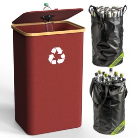 Pakusane Recycling Bin for Kitchen Indoor Home, Large 100L/ 26 Gallon Recycle Bin with Lid Removeable Reusable Inner Bag Bottle Can Glass Waste Plastice Stickers (Red, 26 Gallon)
