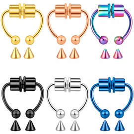 ONESING 6 Packs Magnetic Septum Nose Rings Fake Septum Ring Fake Septum Fake Nose Rings for Women Stainless Steel Fake Piercing Silver Clip On Nose Rings