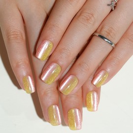 Press on Nails Short, Jofay Fashion Fake Nails, Two-color Ombre Cat Eye Press on Nails, Summer Acrylic False Nails, Reusable Stick on Nails for Women Girls, Glue on Nails Kit 32 Pcs, Sunny Beach