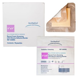 ZeniFoam Gentle Border (9" x 9") Polyurethane Foam Dressing with Silicone Adhesive with Border, Skin-Friendly, Highly Absorbent for Moderate to Heavy Wound Drainage, Latex-Free, & Waterproof Backing