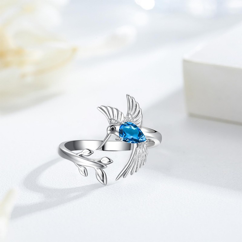 Hummingbird Leaf Ring for Women December Birthstone Zircon Blue Ring