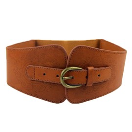 szzqdzsw Women Ladies Vintage Wide Faux Leather Flower Print Elastic Stretchy Corset Cinch Belt (Brown)