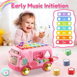 Baby Toys for 1 Years Old Girls Musical Sensory Bus with Xylophone Shape Sorter Pull Along Toy Learning Educational Christmas Birthday Gifts for 12- 18Year Old Girls Boys