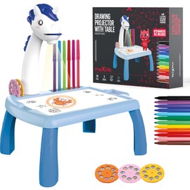 Maxlife Drawing Projector for Kids with Table Blue – Kids Drawing Projector with 24 Slides and Colored Markers - Stimulates Imagination and Motor Skills - Creative Projector Toy for Kids Up 3