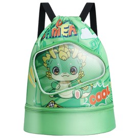 Kids' Waterproof Swim Bag - Adjustable Shoulder Straps, Wet & Dry Storage Backpack - Perfect for Pool and Beach Activities (Green - baby dragon)