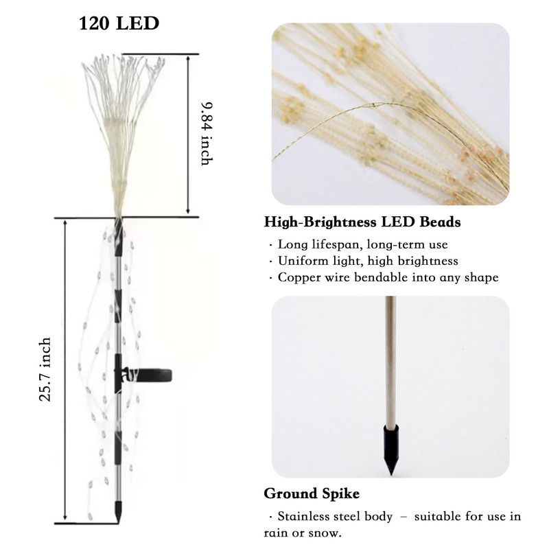 WISEgham 4Pack 480LED Solar Stake Lights, Fireworks Lights, Warm White