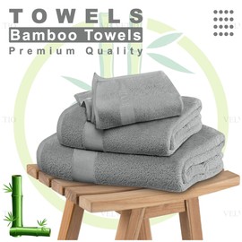 VELVETIO Bamboo Towels - Premium Hand Towels Set of 2 (50x80cm) - 60% Bamboo 40% Cotton, Bathroom Linen Towel Set, Quick Dry Water Absorbent Durable Hand Towel, Silver