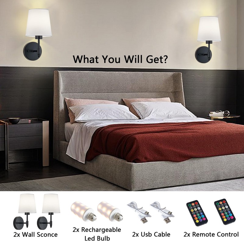 A1A9 Rechargeable Wall Sconces Set of 2, Black Cordless Battery