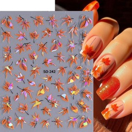 Laser Maple Leaf Nail Art Stickers 3D Self-Adhesive Fall Nail Stickers Autumn Holographic Nail Art Designs Thanksgiving Nail Decals Fall Nail Art Supplies for Women DIY Manicure Decoration 2 Pcs