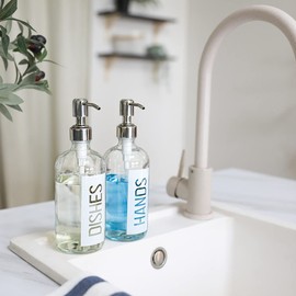 JASAI 2Pack 18OZ Glass Soap Dispenser with Rustproof 304 Stainless Steel Pump, Kitchen Soap Dispenser with Hands & Dishes Label, Refillable Dish Soap Dispenser for Kitchen (White)