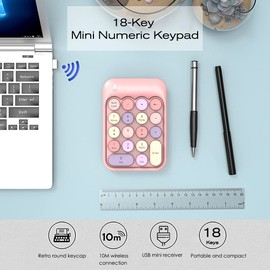 FELICON Wireless Numeric Keypad 18 Keys with 2.4G Mini Portable Silent Number Pad USB Receiver Financial Accounting Keyboard Extensions for Laptop Desktop PC Pro（Pink Mix）