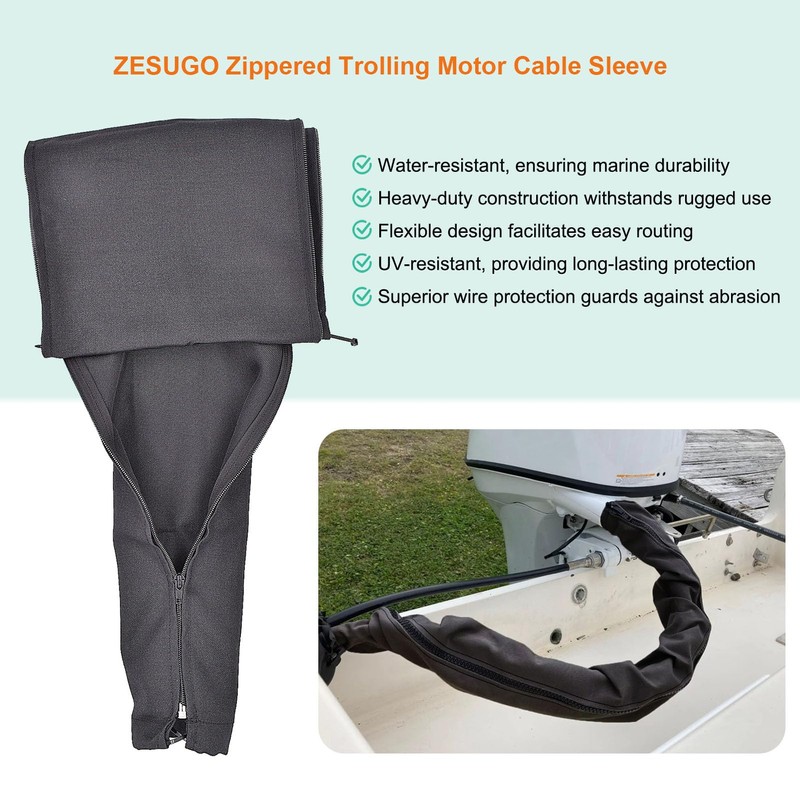 Zesugo 48-Inch Trolling Motor Cable Sleeve, Black Zippered Rigging Organizer