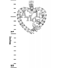 Sterling Silver Sweet 15 Anos Quinceanera Pendant with Cubic Zirconia Heart with Butterfly, Sterling Silver Cubic Zirconia, Cubic Zirconia