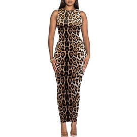 Women's Summer Long Bodycon Dress - Casual Leopard Print Basic Club Party Sleeveless Tank Sheath Dresses Yellow S