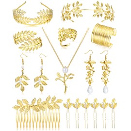 PATISORNA Greek Goddess Costume Accessories for Women Gold Laurel Leaf Crown Headband Upper Arm Cuff Coil Bracelet Pearl Dangle Earring Bridal Bridesmaid Wedding Headpiece Toga Costume Jewelry