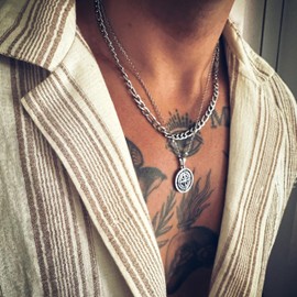 DVRK® Set of 2 silver chains for men with base made of 316L stainless steel - silver chain men's and necklace 55 cm water and sweat resistant - cross - compass, 55 cm, Silver, 316L stainless steel, No