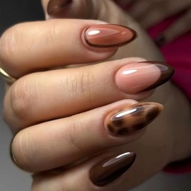 Uñas postizas de color marrón oscuro con punta francesa y forma de almendra, 24 unidades.