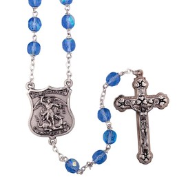 St. Saint Michael Blue Crystal Policeman Rosary | Crucifix Cross Necklace | A Great Gift Troopers | Christian Gifts