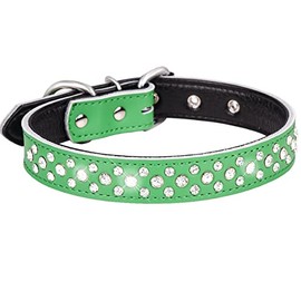 Serijoars Rhinestone Dog Collar for Small Medium Large Dogs, Adjustable Sparkly Crystal Soft Genuine Leather Bling Dog Collars (M, Green)