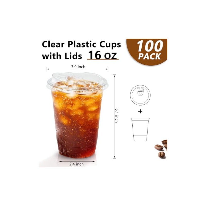 Clawsoff 16 oz 100 Pack Clear Plastic Cups with Lids,