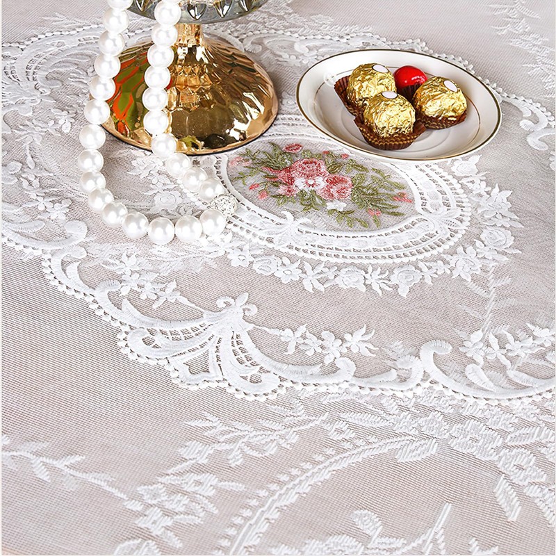 Vintage White Lace Tablecloth with Flowers, Embroidered Ruffles Square Table