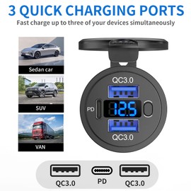 12v USB Outlet Plastic car Charger Socket 3 Port with Voltmeter and Button Switch for car Boat Marine