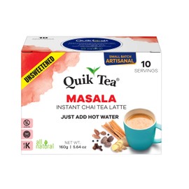 QuikTea Instant Unsweetened Masala Chai Tea Latte – 10 Count, classic latte with a hearty mix of traditional chai spices, low Caffeine, No artificial colors, flavors, preservatives – Just Add Hot Water