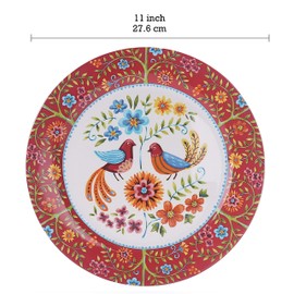 Bico Red Spring Bird Ceramic Dinner Plates Set of 4, 11 inch, for Pasta, Salad, Maincourse, Microwave & Dishwasher Safe
