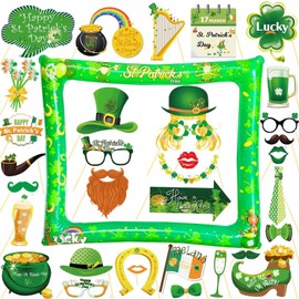 LMSHOWOWO St. Patrick's Day Inflatable Photo Booth Frame, with 35 PCS Funny Shamrock St Patricks Day Photo Booth Props, Irish Selfie Props for St Patricks Decorations Irish Day Party Supplies