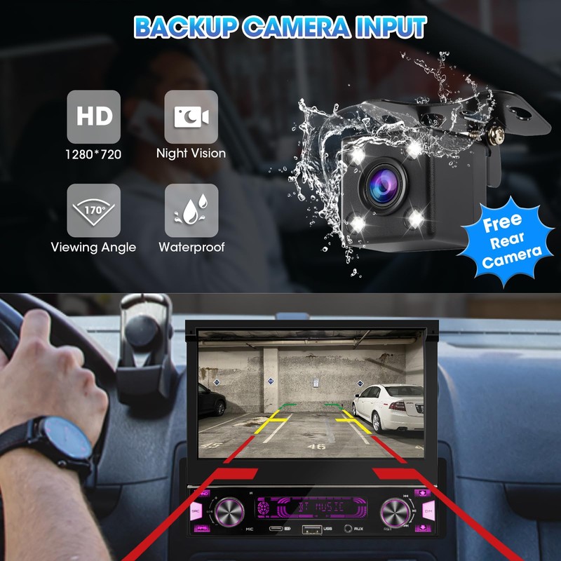 Single Din Flip-Out Touchscreen Radio: 7 Inch Wireless CarPlay Android
