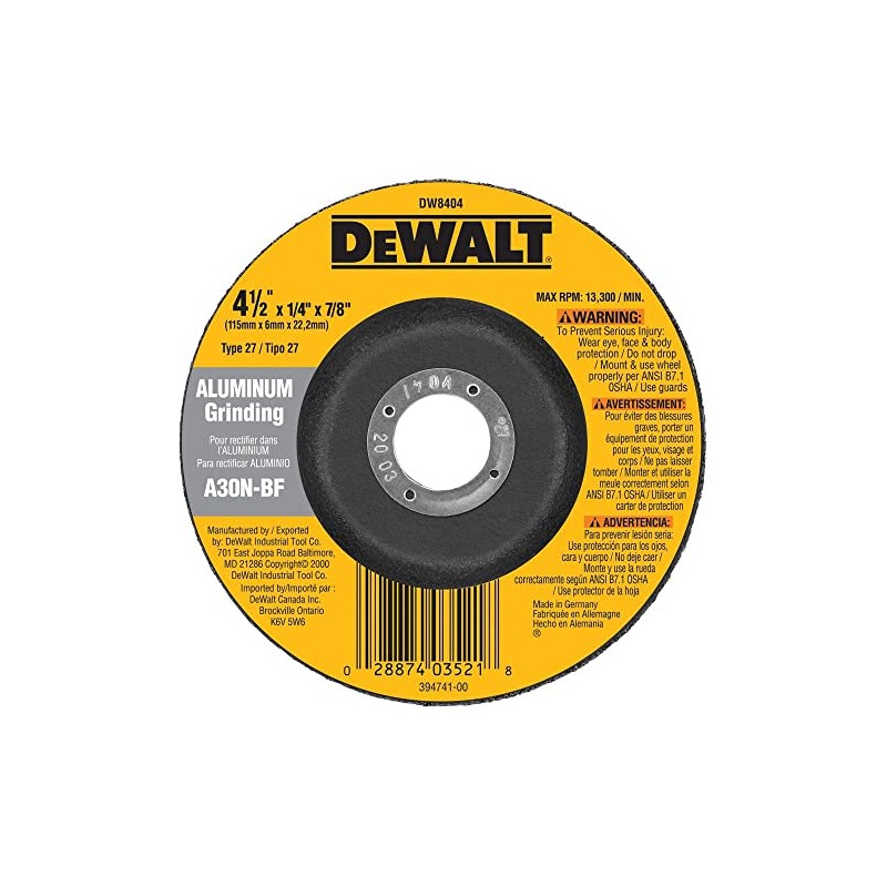 DEWALT DW8404 4-1/2-Inch by 1/4-Inch by 7/8-Inch Aluminum Grinding Wheel