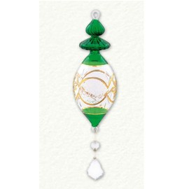 Green and Gold Etched Marquis Crystal Hanger Egyptian Glass Christmas Ornament