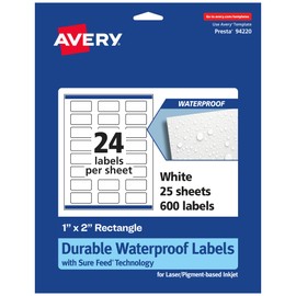 Avery Durable Waterproof Rectangle Labels with Sure Feed, 1" x 2", 600 Oil and Tear-Resistant Waterproof Labels, Print-to-The-Edge, Laser/Pigment-Based Inkjet Printable Labels