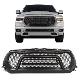 IKON MOTORSPORTS, Upper Grille Compatible With 2019-2023 Ram 1500, Matte Black ABS Rebel Style Front Bumper Hood Mesh Grill Shell with Signal Lights, 2020 2021 2022