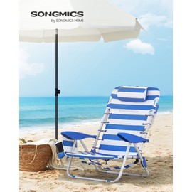 SONGMICS Beach Chair, Folding Camping Chair, Portable Outdoor Chair, 331 lb Capacity, Carry as a Backpack, with Adjustable Backrest, Headrest, Armrest, 2 Side Pockets, Blue and White UGCB62BU
