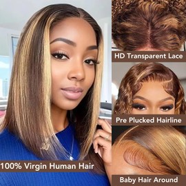 Nopxam 10 Inch Highlight 4/27 Bob Wig Human Hair 13x4 HD Transparent Lace Front Wigs Human Hair 180% Density Short Bob Glueless Straight Wigs Human Hair for Women