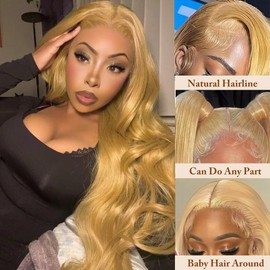 28 Inch Honey Blonde Wig Human Hair 200 Density 13x6 Blonde Wig Human Hair Body Wave Lace Front Wigs Human Hair Pre Plucked Colored 27# Lace Frontal Wigs with Baby Hair for Women