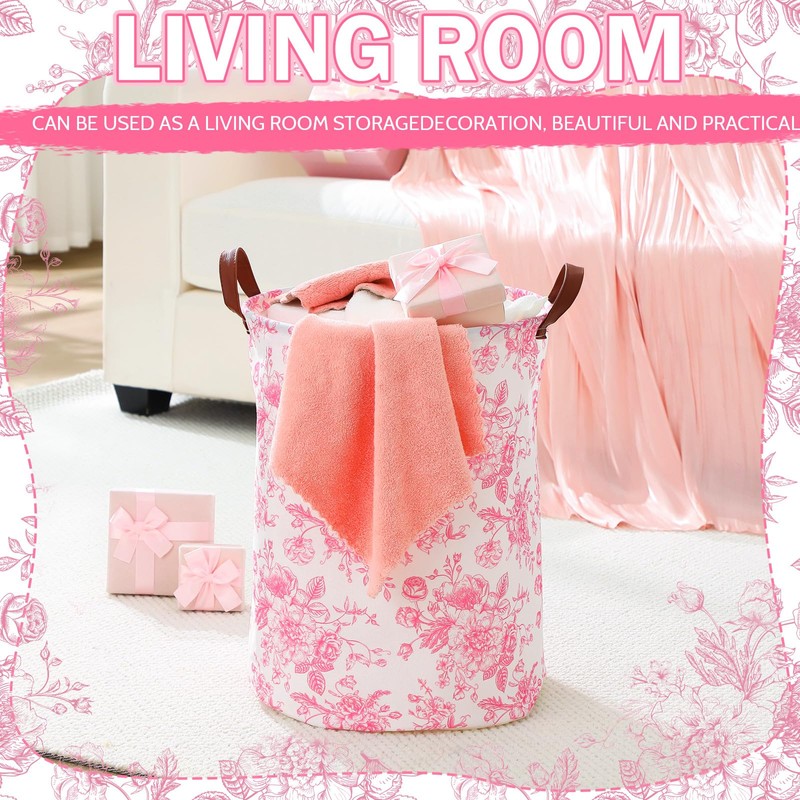 CroBlissful 2 Pcs Pink Floral Laundry Basket Coquette Storage Basket