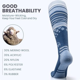 OutdoorMaster Ski Socks 2-Pack Merino Wool, Over The Calf Non-Slip Cuff for Men & Women, Baby Blue, L
