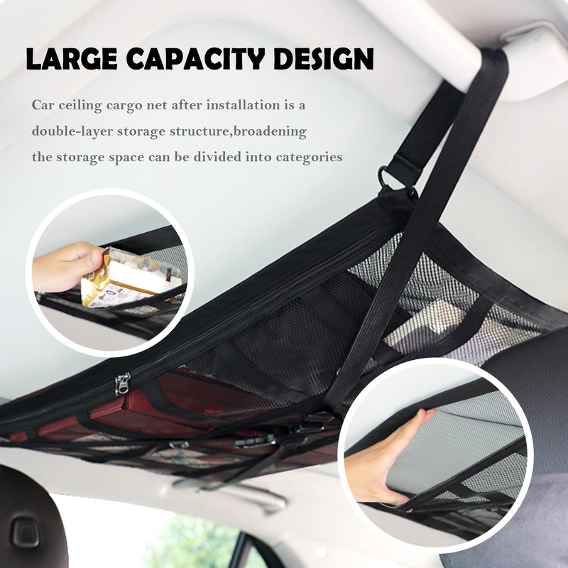 Car Ceiling Cargo Net with 2*Headrest Hook,Large Capacity Anti-Fall Cargo