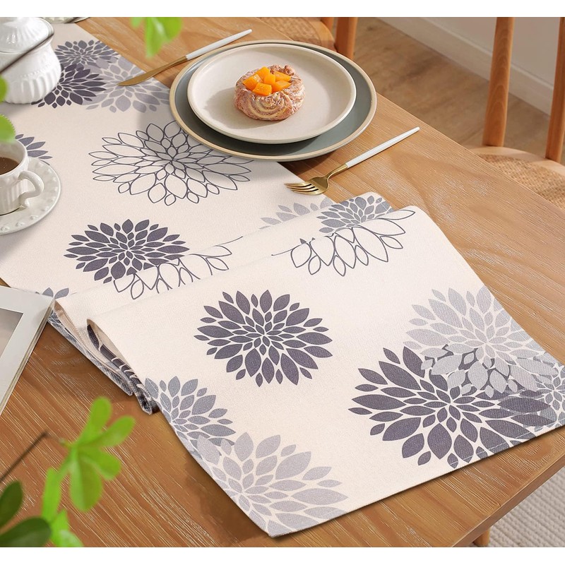 Inhobbok Table Runner Light Grey Dahlia Flower Linen Modern Attractive