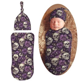 Muishi Vintage Purple Flowers Skulls Newborn Swaddle Blankets Hat Sets Soft Baby Receiving Blanket Swaddle Sack for Baby Shower Infant Boy Girl Gift