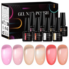 MEET ACROSS 6 Colors Jelly Pink Gel Nail Polish Set Nude Pink Sheer Translucent Gel Polish Nail Art Manicure DIY Kit Manicure Salon Gift for Women 8pcs*7ml
