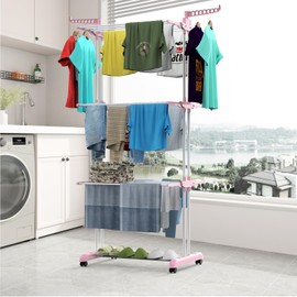 Bigzzia Clothes Drying Rack, Folding Stainless Steel Clothes Horses Rack Indoor Outdoor, 4 Tier Laundry Drying Rack with Two Side Wings -Pink