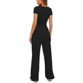 Darong Women's Two Piece Outfits Lounge Sets Ruched Short Sleeve Pullover Tops and High Waisted Pants Tracksuit Sets 9042A Black S