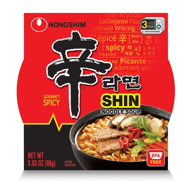 Nongshim Gourmet Spicy Shin Noodle Soup Bowl, 12 Pack, Microwaveable Ramyun Soup Noodles, No MSG Added